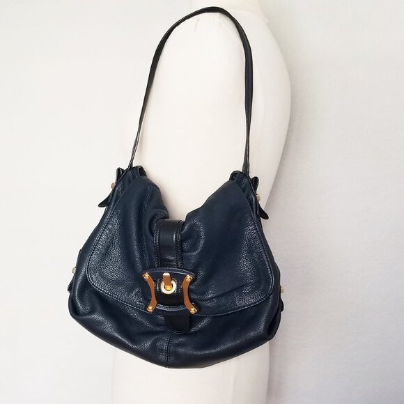 B. Makowsky Navy Blue Black Genuine Leather Shoulder Bag Gold Hardware Hobo Y2K - Picture 3 of 16